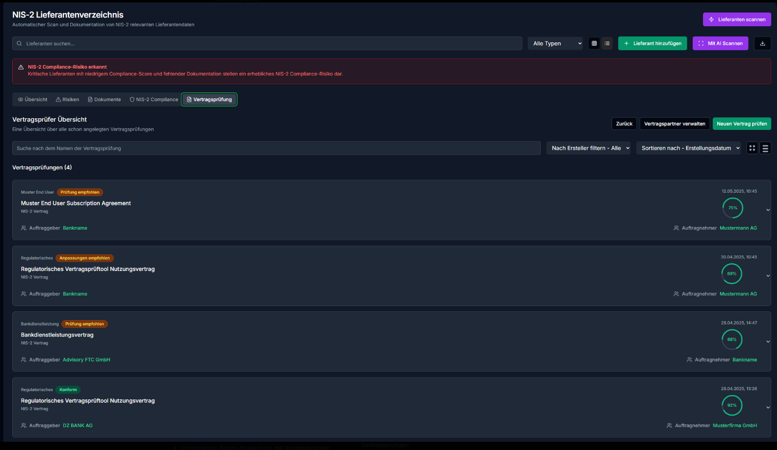 vCISO Toolkit Vertragsprüfer Übersicht Dashboard